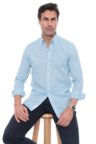 Slim Fit Uzun Kol Yaka Düğmeli Nefes Alan Keten Hediye Kutulu Erkek Gömlek FS-004548 - Turkuaz