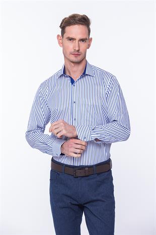 Klasik Uzun Kol Kalın Çizgili Hediye Kutulu Erkek Gömlek FS-001260 - Beyaz Saks Mavi