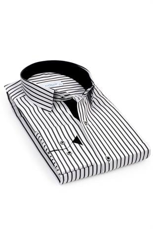 Klasik Uzun Kol Kalın Çizgili Hediye Kutulu Erkek Gömlek FS-001260 - Beyaz Siyah