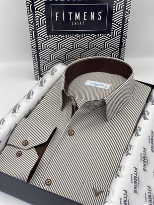 Klasik Uzun Kol İnce Çizgili Cepli Hediye Kutulu Erkek Gömlek FS-003317 - Beyaz Kahve