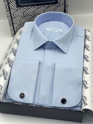 Slim Fit Uzun Kol Gizli Düğmeli Likralı Smokin Damatlık Erkek Gömlek FS-004296 - Mavi