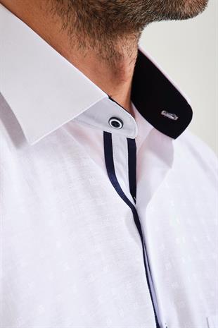 Klasik Kısa Kol Açık Zemin Kutu Desen Keten Cotton Hediye Kutulu Erkek Gömlek FS-000745 - Beyaz Lacivert