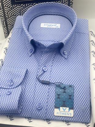 Slim Fit Uzun Kol Baklava Desen Kol Nakışlı Yaka Düğmeli Hediye Kutulu Şık Erkek Gömlek FS-004200 - Saks Mavi