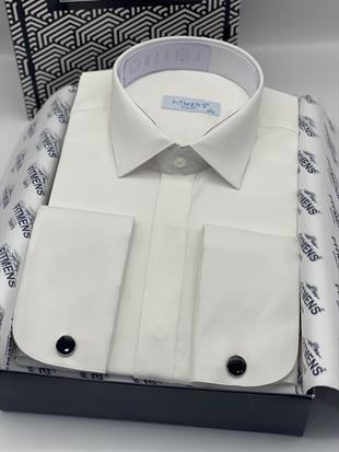 Slim Fit Uzun Kol Gizli Düğmeli Likralı Smokin Damatlık Erkek Gömlek FS-004296 - Krem