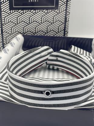 Slim Fit Uzun Kol Likralı Çizgili Yaka Düğmeli Hediye Kutulu Erkek Gömlek FS-003669 - Koyu Gri