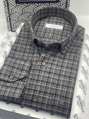Klasik Uzun Kol Kışlık Yaka Düğmeli %100 Cotton Hediye Kutulu Erkek Gömlek FS-003764 - Siyah Bej