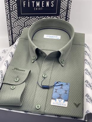 Slim Fit Uzun Kol Baklava Desen Kol Nakışlı Yaka Düğmeli Hediye Kutulu Şık Erkek Gömlek FS-004200 - Yeşil