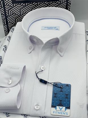 Slim Fit Uzun Kol Baklava Desen Kol Nakışlı Yaka Düğmeli Hediye Kutulu Şık Erkek Gömlek FS-004200 - Beyaz