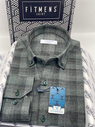 Klasik Uzun Kol Kışlık %100 Cotton Yaka Düğmeli Hediye Kutulu Erkek Gömlek FS-003135 - Yeşil