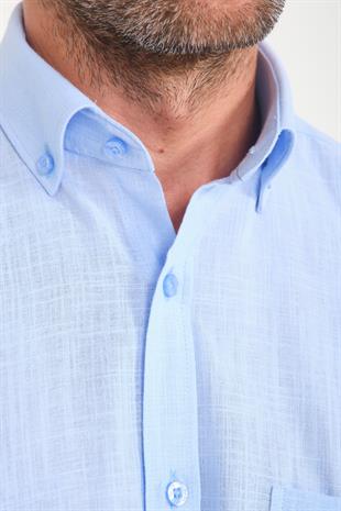 Klasik Kısa Kol Linen Keten Yaka Düğmeli Hediye Kutulu Erkek Gömlek FS-001202 - Mavi