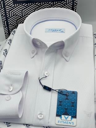 Slim Fit Uzun Kol Baklava Desen Kol Nakışlı Yaka Düğmeli Hediye Kutulu Şık Erkek Gömlek FS-004200 - Beyaz