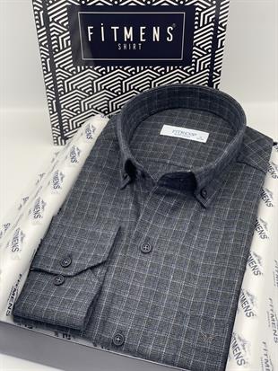 Klasik Uzun Kol Kışlık Ekoseli Yaka Düğmeli %100 Cotton Hediye Kutulu Erkek Gömlek FS-003767 - Lacivert