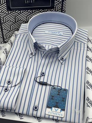 Slim Fit Uzun Kol Premium Kalın Çizgili Yaka Düğmeli Hediye Kutulu Kolay Ütülenebilir Erkek Gömlek FS-001375 - Beyaz Açık Mavi