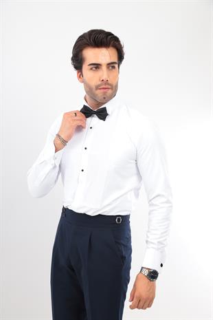 Slim Fit Uzun Kol Soft Saten Smokin Damatlık Erkek Hediye Kutulu Gömlek FS-001947 - Beyaz