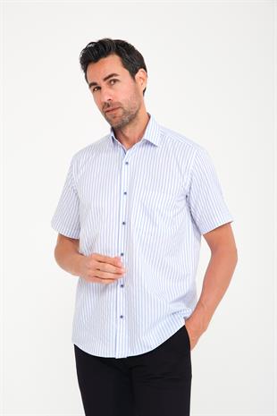 Klasik Kısa Kol Kalın Çizgili Hediye Kutulu Erkek Gömlek FS-000702 - Beyaz Açık Mavi