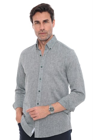 Slim Fit Uzun Kol Yaka Düğmeli Nefes Alan Keten Hediye Kutulu Erkek Gömlek FS-004548 - Yeşil