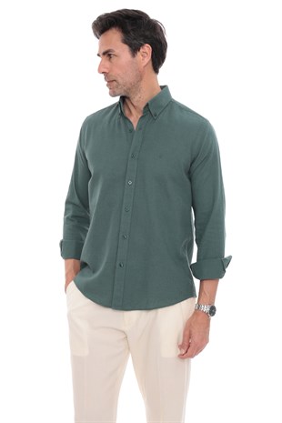 Slim Fit Uzun Kol Yaka Düğmeli Nefes Alan Keten Hediye Kutulu Erkek Gömlek FS-004548 - Koyu Yeşil