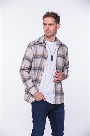 Oversize Yeni Sezon Gömlek Yaka Pamuklu Oduncu Hediye Kutulu Erkek Gömlek FS-002202 - Bej