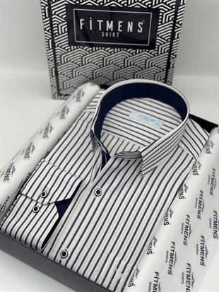 Klasik Uzun Kol Kalın Çizgili Hediye Kutulu Erkek Gömlek FS-001260 - Beyaz Lacivert