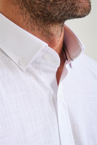 Klasik Kısa Kol Linen Keten Yaka Düğmeli Hediye Kutulu Erkek Gömlek FS-001202 - Beyaz Lacivert