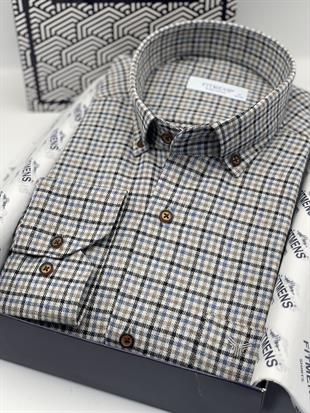 Klasik Uzun Kol Kışlık Ekoseli Yaka Düğmeli %100 Cotton Hediye Kutulu Erkek Gömlek FS-003765 - Bej