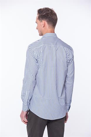 Klasik Uzun Kol Kalın Çizgili Hediye Kutulu Erkek Gömlek FS-001260 - Beyaz Lacivert