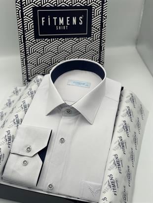 Klasik Uzun Kol Keten Cotton Hediye Kutulu Erkek Gömlek FS-001261 - Beyaz Lacivert