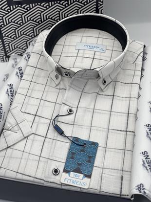 Klasik Kısa Kol Kareli Keten Cotton Yaka Düğmeli Hediye Kutulu Erkek Gömlek FS-003573 - Beyaz Siyah