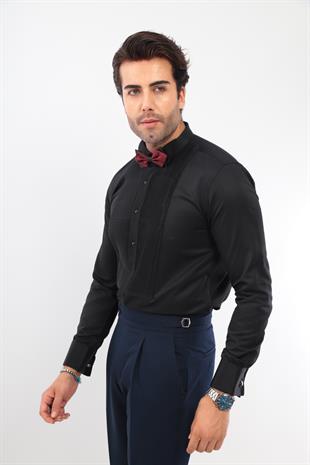 Slim Fit Uzun Kol Soft Saten Smokin Damatlık Erkek Hediye Kutulu Gömlek FS-001947 - Siyah