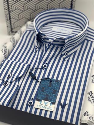 Slim Fit Uzun Kol Likralı Çizgili Yaka Düğmeli Hediye Kutulu Erkek Gömlek FS-003669 - Saks Mavi