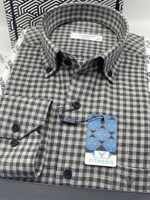 Klasik Uzun Kol Kışlık %100 Cotton Kareli Yaka Düğmeli Hediye Kutulu Erkek Gömlek FS-003127 - Gri