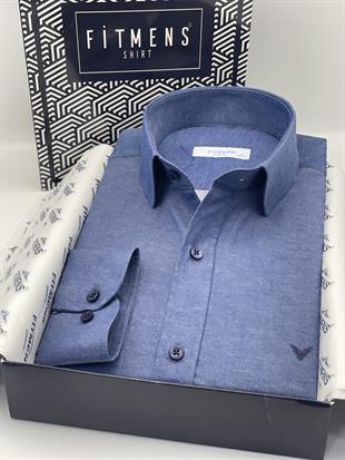 Slim Fit Uzun Kol Saten Hediye Kutulu Kolay Ütülenebilir Erkek Gömlek FS-002968 - İndigo