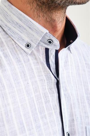 Klasik Kısa Kol Armür Çizgili Flam Keten Düğmeli Yaka Hediye Kutulu Erkek Gömlek FS-000678 - Beyaz Açık Lacivert