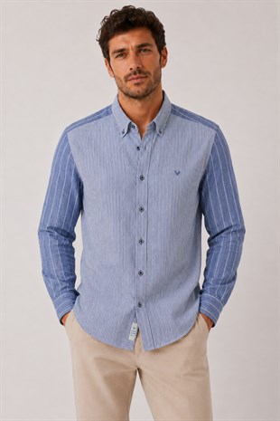 Slim Fit Uzun Kol Çift Desen Yaka Düğmeli Keten Likra Cepsiz Hediye Kutulu Erkek Gömlek FS-004578 - Saks Mavi