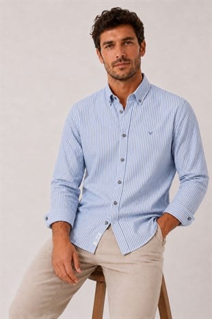 Slim Fit Uzun Kol Cepsiz Çizgili Keten Likra  Hediye Kutulu Erkek Gömlek FS-004581 - Açık Mavi