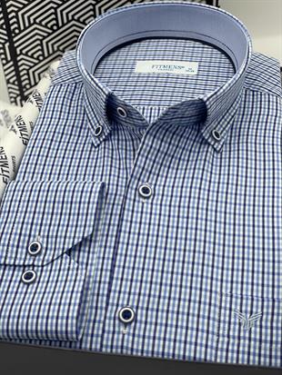 Klasik Uzun Kol Yaka Düğmeli Pöti Kareli Hediye Kutulu Erkek Gömlek FS-003774 - Mavi