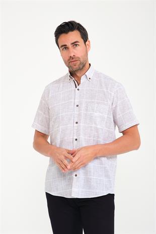 Klasik Kısa Kol Büyük Kare Flam Keten Düğmeli Yaka Hediye Kutulu Erkek Gömlek FS-000714 - Bej