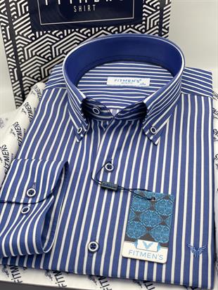 Slim Fit Uzun Kol Premium Kalın Çizgili Yaka Düğmeli Hediye Kutulu Kolay Ütülenebilir Erkek Gömlek FS-001375 - Saks Mavi