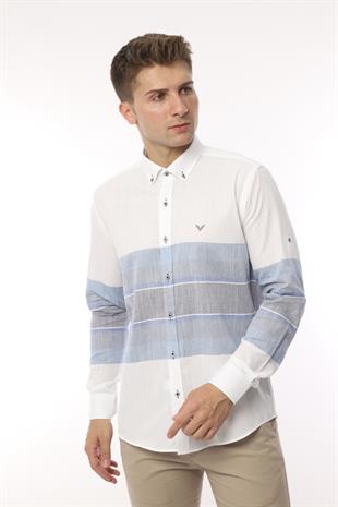 Slim Fit Uzun Kol Panolu Keten Hediye Kutulu Kolay Ütülenebilir Erkek Gömlek FS-002995 - Lacivert