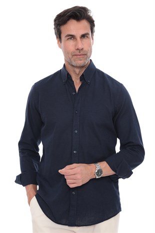 Slim Fit Uzun Kol Yaka Düğmeli Nefes Alan Keten Hediye Kutulu Erkek Gömlek FS-004548 - Lacivert