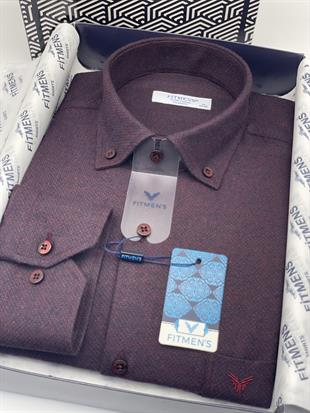 Klasik Uzun Kol Kışlık Yaka Düğmeli Yünlü %100 Cotton Hediye Kutulu Erkek Gömlek FS-003768 - Bordo