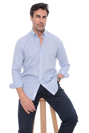 Slim Fit Uzun Kol Yaka Düğmeli Nefes Alan Keten Hediye Kutulu Erkek Gömlek FS-004548 - Mavi