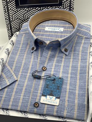 Klasik Kısa Kol Keten Çizgili Hediye Kutulu Erkek Gömlek FS-003625 - İndigo