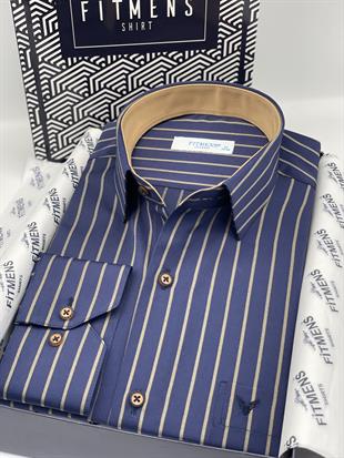 Klasik Uzun Kol Premium Çizgili Hediye Kutulu Erkek Gömlek FS-003565 - Lacivert Bej