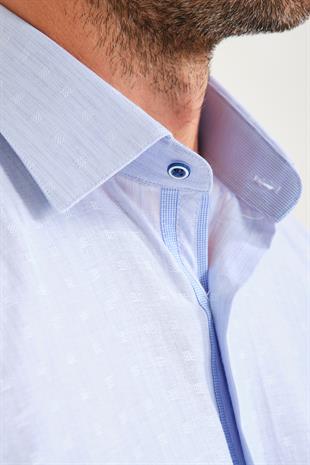 Klasik Kısa Kol Açık Zemin Kutu Desen Keten Cotton Hediye Kutulu Erkek Gömlek FS-000745 - Açık Mavi