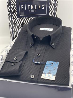 Slim Fit Uzun Kol Baklava Desen Kol Nakışlı Yaka Düğmeli Hediye Kutulu Şık Erkek Gömlek FS-004200 - Siyah
