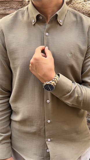 Slim Fit Uzun Kol Müslin Pamuk Rahat Nefes Alabilen Kumaştan Yaka Düğmeli Hediye Kutulu Erkek Gömlek FS-004202 - Haki