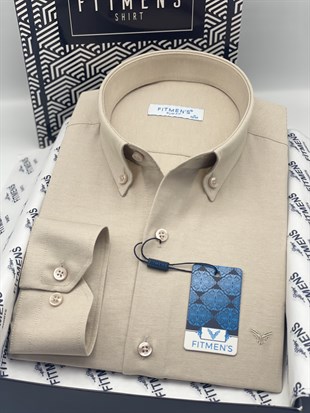 Slim Fit Uzun Kol Pamuklu Hediye Kutulu Kolay Ütülenebilir Erkek Gömlek FS-002225 - Bej