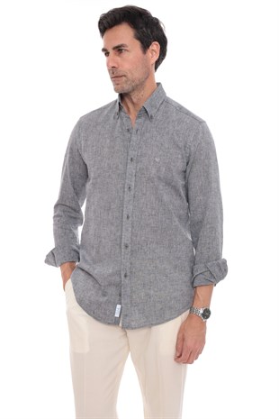 Slim Fit Uzun Kol Yaka Düğmeli Nefes Alan Keten Hediye Kutulu Erkek Gömlek FS-004548 - Antrasit