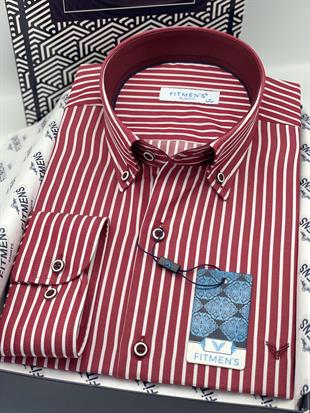 Slim Fit Uzun Kol Premium Kalın Çizgili Yaka Düğmeli Hediye Kutulu Kolay Ütülenebilir Erkek Gömlek FS-001375 - Bordo